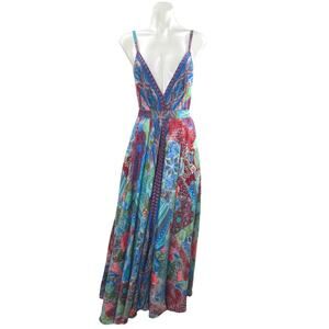 Advance Multicolor Silk Floral Paisley Deep V Neck Sleeveless A Line Maxi Dress